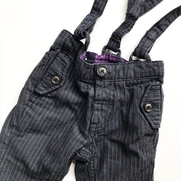 MEXX gray stripe suspender pants EUC 3-6 months - Picture 2 of 4